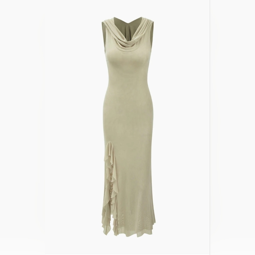Hooded Ruffle Hem Slit Maxi Dress